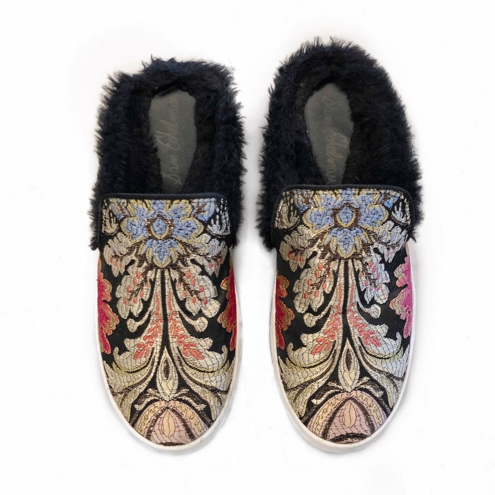 Sam Edelman Levonne Tapestry Jacquard Sneakers Faux Fur Slip On Platform Size 6
